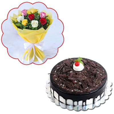 "Round shape Chocolate cake - 1kg, Flower Bouquet with 15 Mixed Roses - Click here to View more details about this Product